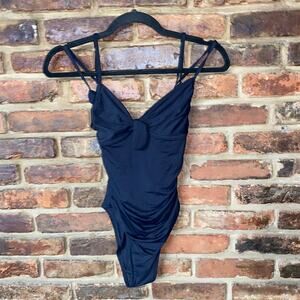 DKNY Black Bow Front One-Piece Ruched Swim Bathing Suit Women's Sie Small